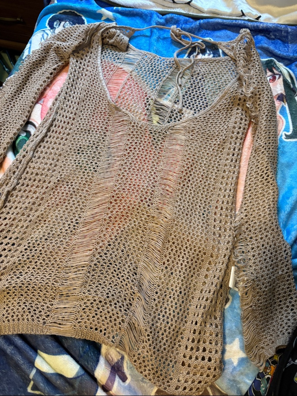 Beige/Brown Crochet Open-Knit Tie-Back Sweater